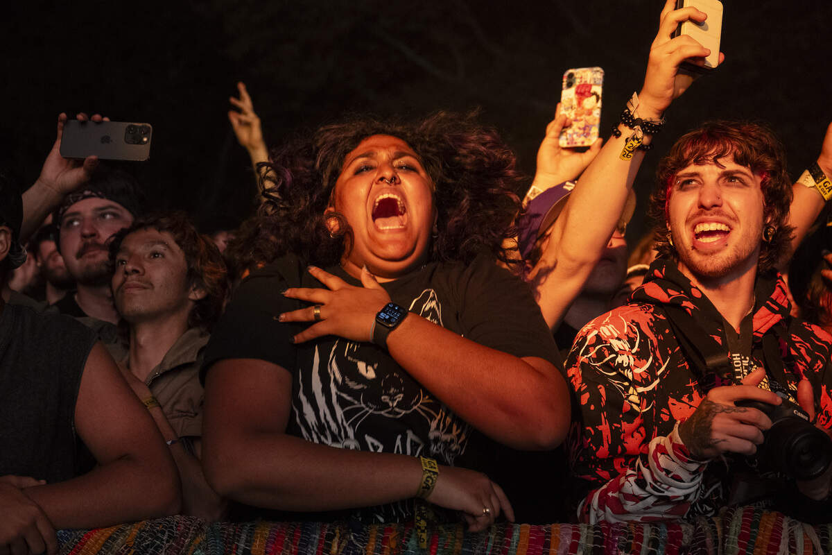 Fans cheer as Dance Gavin Dance performs at Aftershock at Discovery Park in Sacramento on Sunday, Oct. 4, 2026.